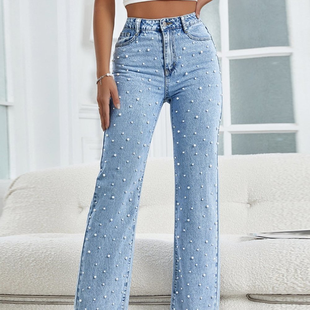 Blue Preppy Womens Pearls Beaded Flare Leg Jeans - Picture 4 of 5